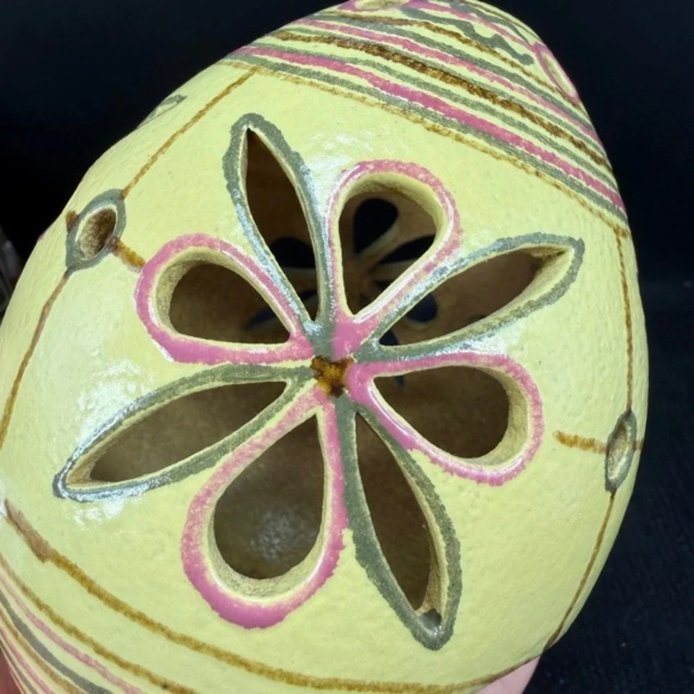 Hand Painted‎ Ceramic Candle Holder Floral Cutout Pottery Luminary Yellow Decor